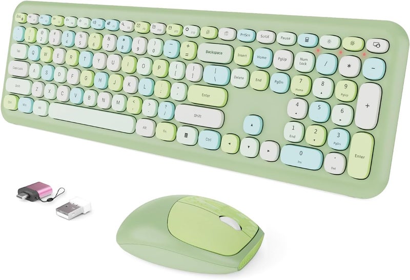 SkyGive Wireless Keyboard and Mouse Combo, Colorful Ergonomic Full Size Retro Low-Noise Keyboard with Cute keycaps, Compatible with Windows, PC, Perfer for Home and Office Keyboards (Green) - Image 1
